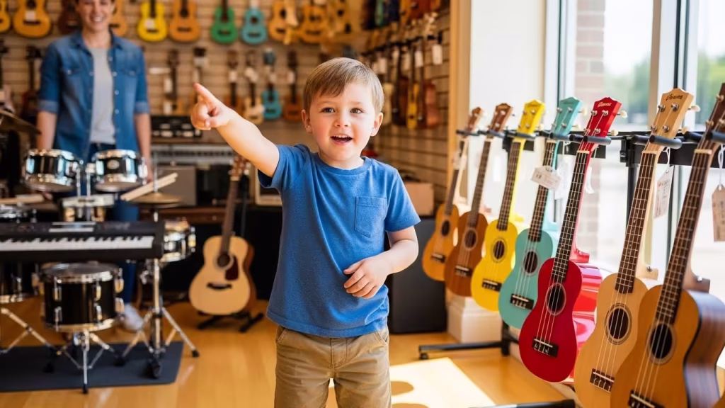 Child pointing at colorful ukuleles in a music store.