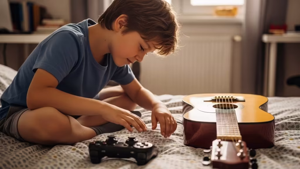 Child playing video games while a guitar lies beside him.