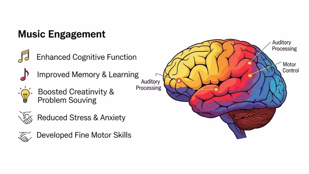 Diagram showing brain areas involved in music engagement and learning.