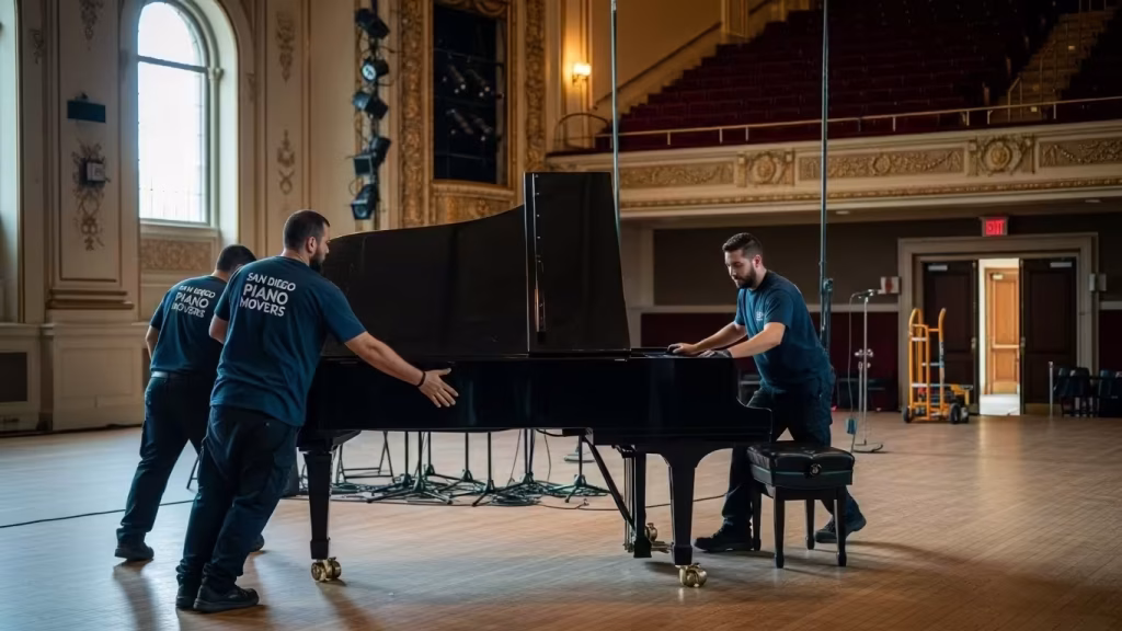Piano movers positioning a grand piano onstage in a San Diego recital hall