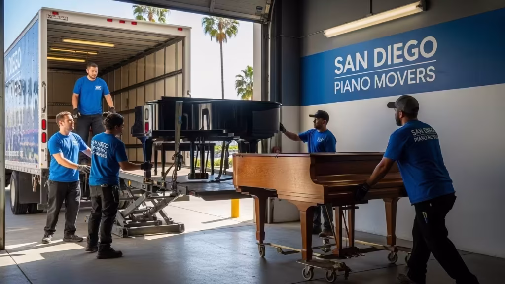 Piano movers loading a grand piano from a truck for a recital setup in San Diego.