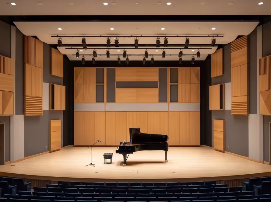 Modern recital hall with wooden acoustic panels and a grand piano on stage