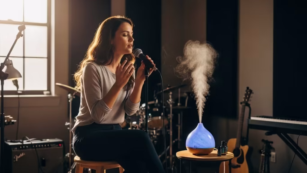 Singer using a humidifier to protect vocal cords during allergy season