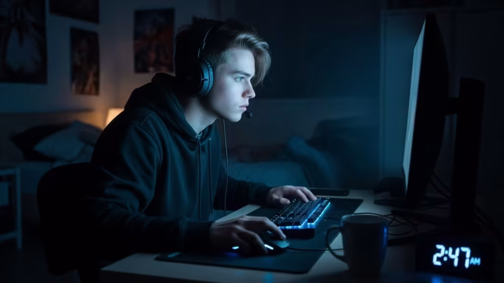 Teenager playing video games at a computer late at night.