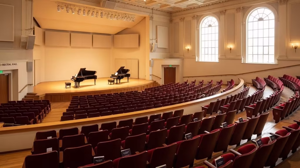 Two grand pianos onstage in a San Diego recital hall set for a duet recital.