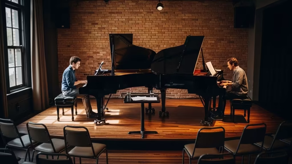 Two pianists performing a piano duet on two grand pianos in a small venue.