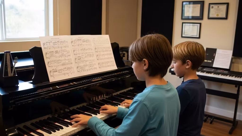 Two students rehearsing a piano duet at a grand piano with sheet music.