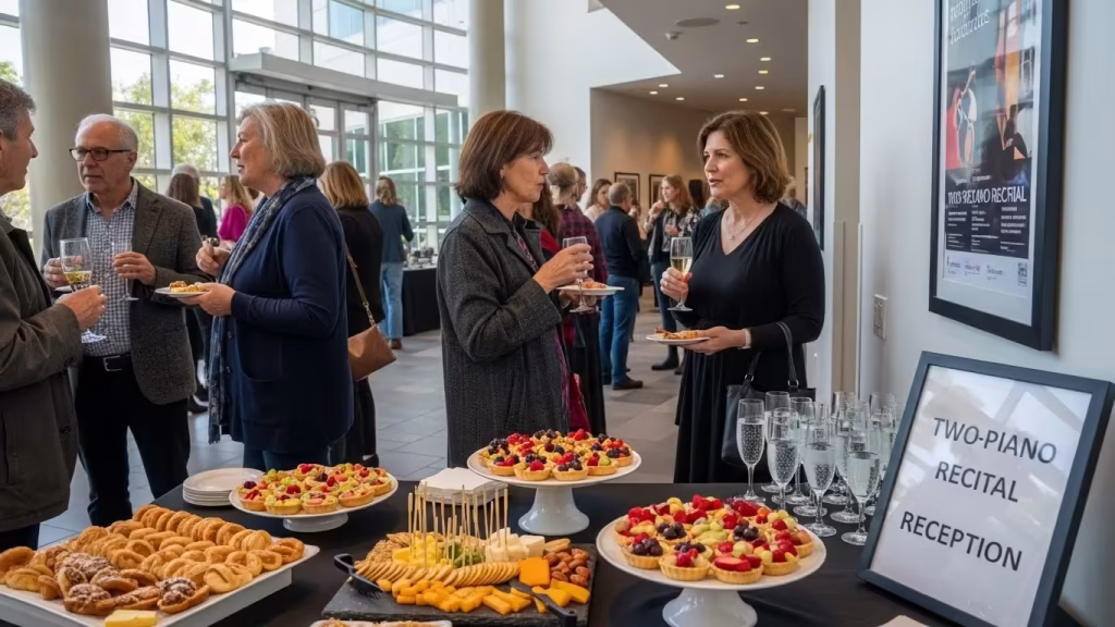 Reception table with refreshments for a two-piano recital event.