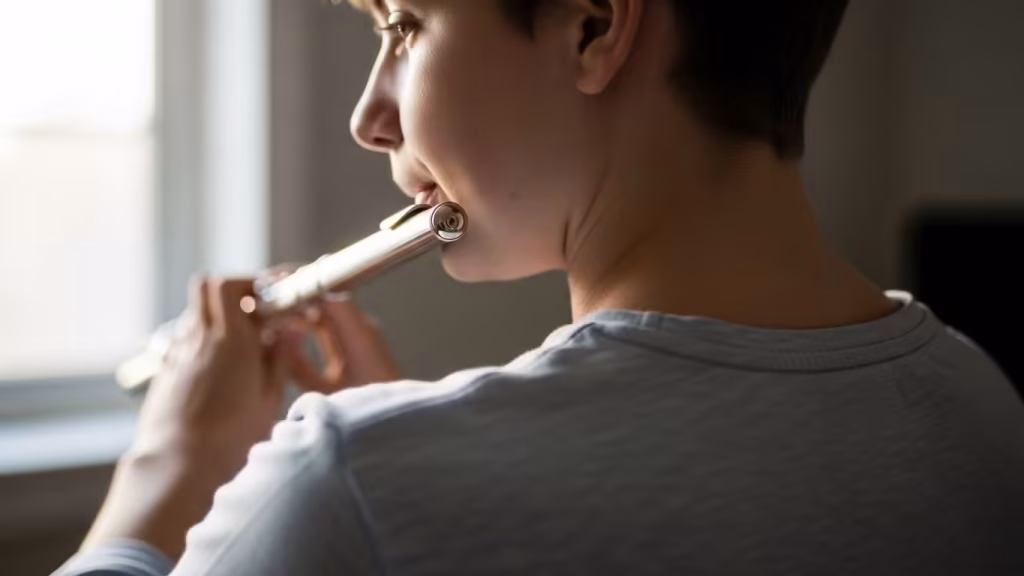 Side view of a student playing flute with steady posture and airflow
