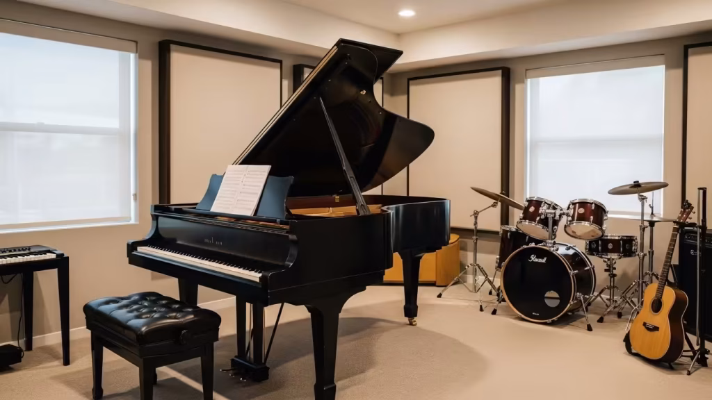 Rehearsal room with grand piano and drum kit available by the hour