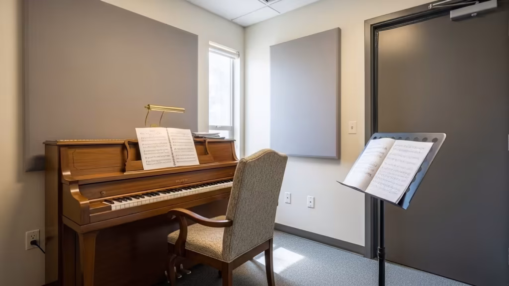 Upright piano practice room with music stand and acoustic panels