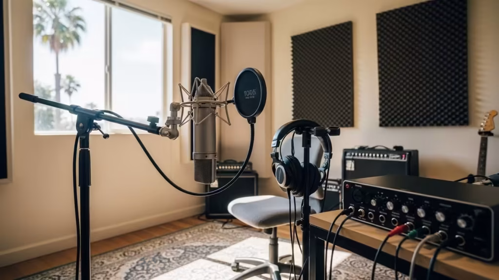Recording practice room setup with mic, headphones, and acoustic panels