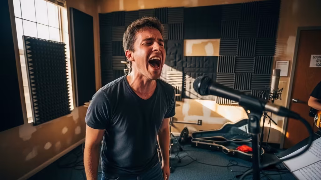 Singer rehearsing in an hourly practice room in San Diego