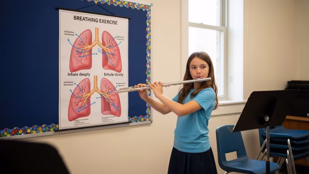 Child playing flute in a classroom with a breathing exercise poster