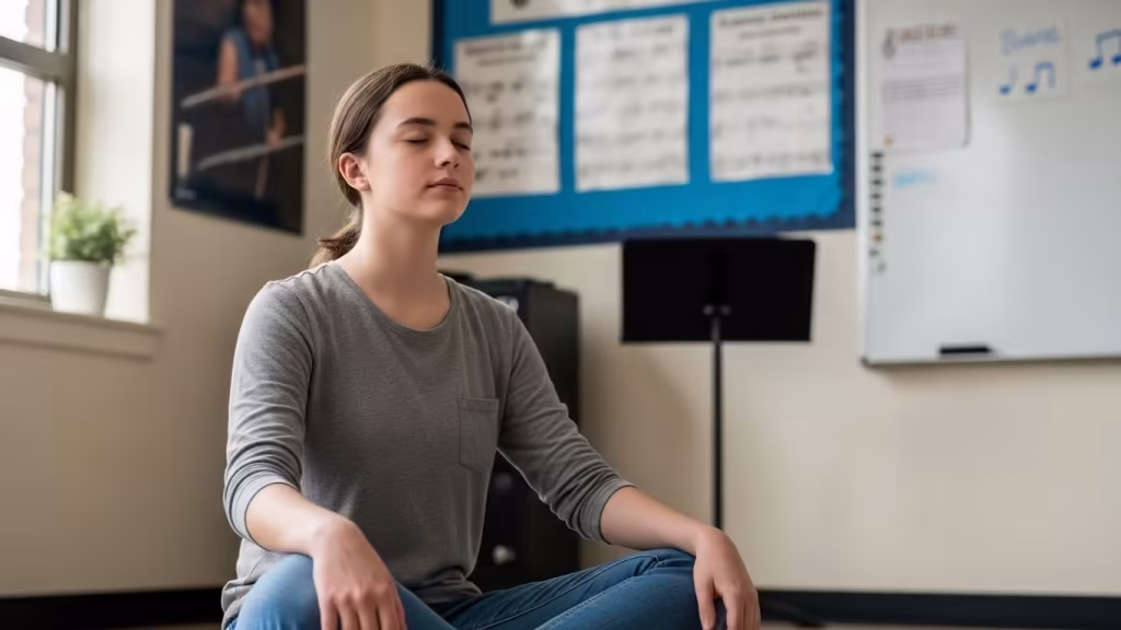 Music student sitting calmly and practicing a breathing exercise