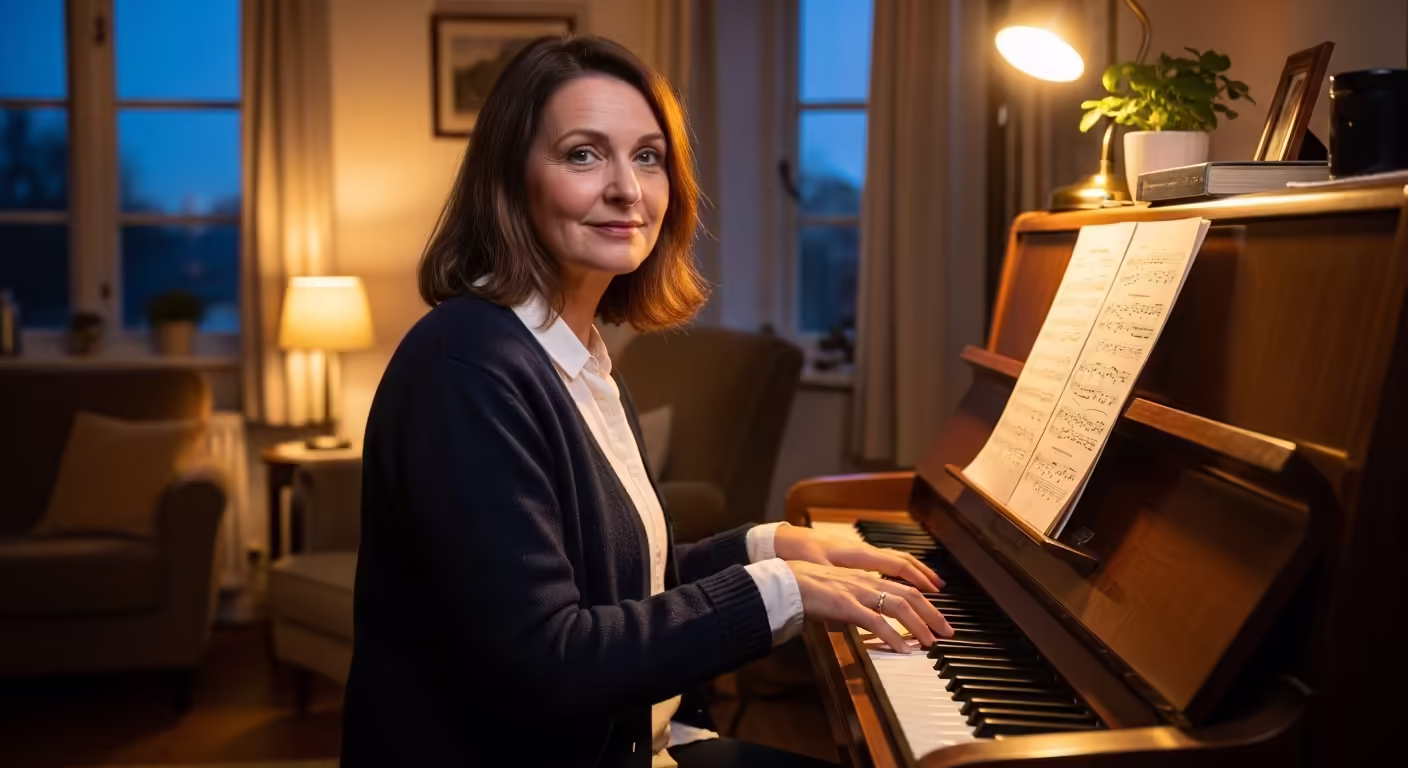 Adult beginner practicing on an upright piano