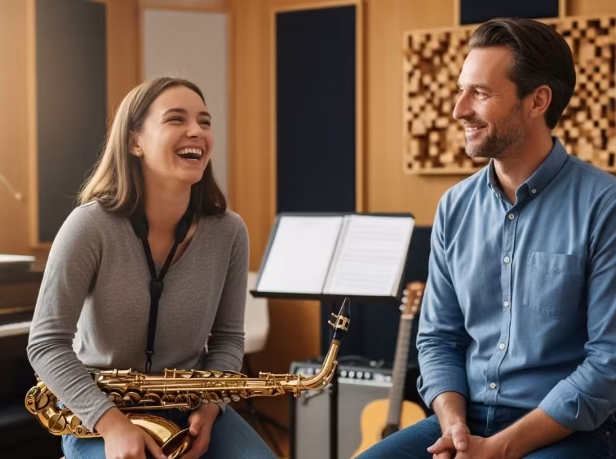 Saxophone teacher and adult student smiling during a private lesson in a music studio