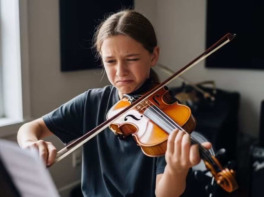 Beginner violin student looking frustrated while practicing with sheet music