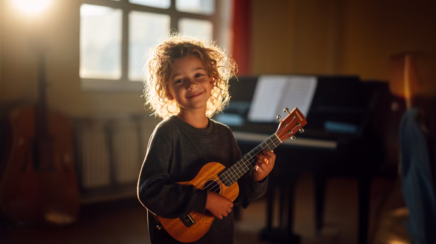 Young child playing ukulele at K&M Music School