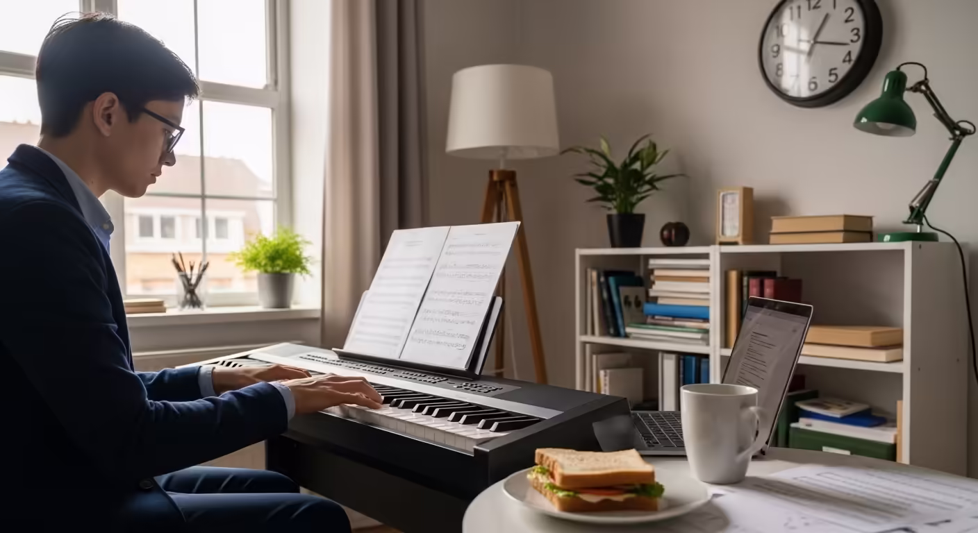 Adult piano practice setup at home with keyboard