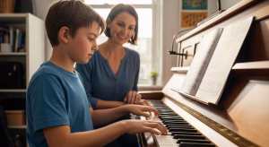 Child learning piano with a teacher at an upright piano using sheet music