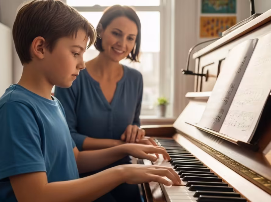 Child learning piano with a teacher at an upright piano using sheet music
