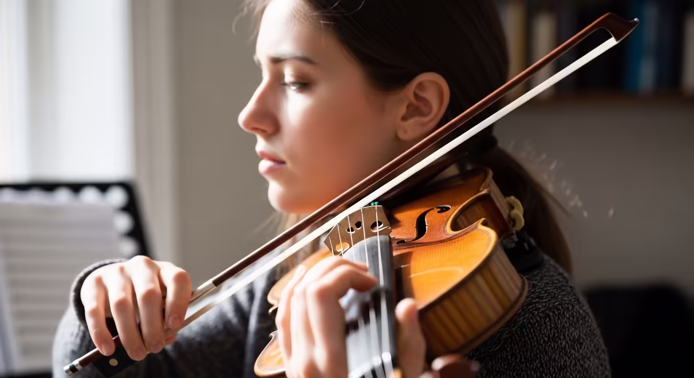 Close up portrait of a student holding a violin bow