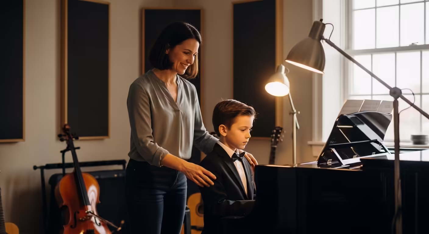 Piano teacher coaching young student at grand piano