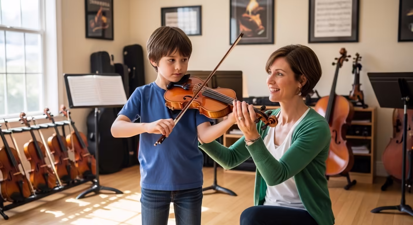 Young child learning violin with teacher guidance during a beginner lesson