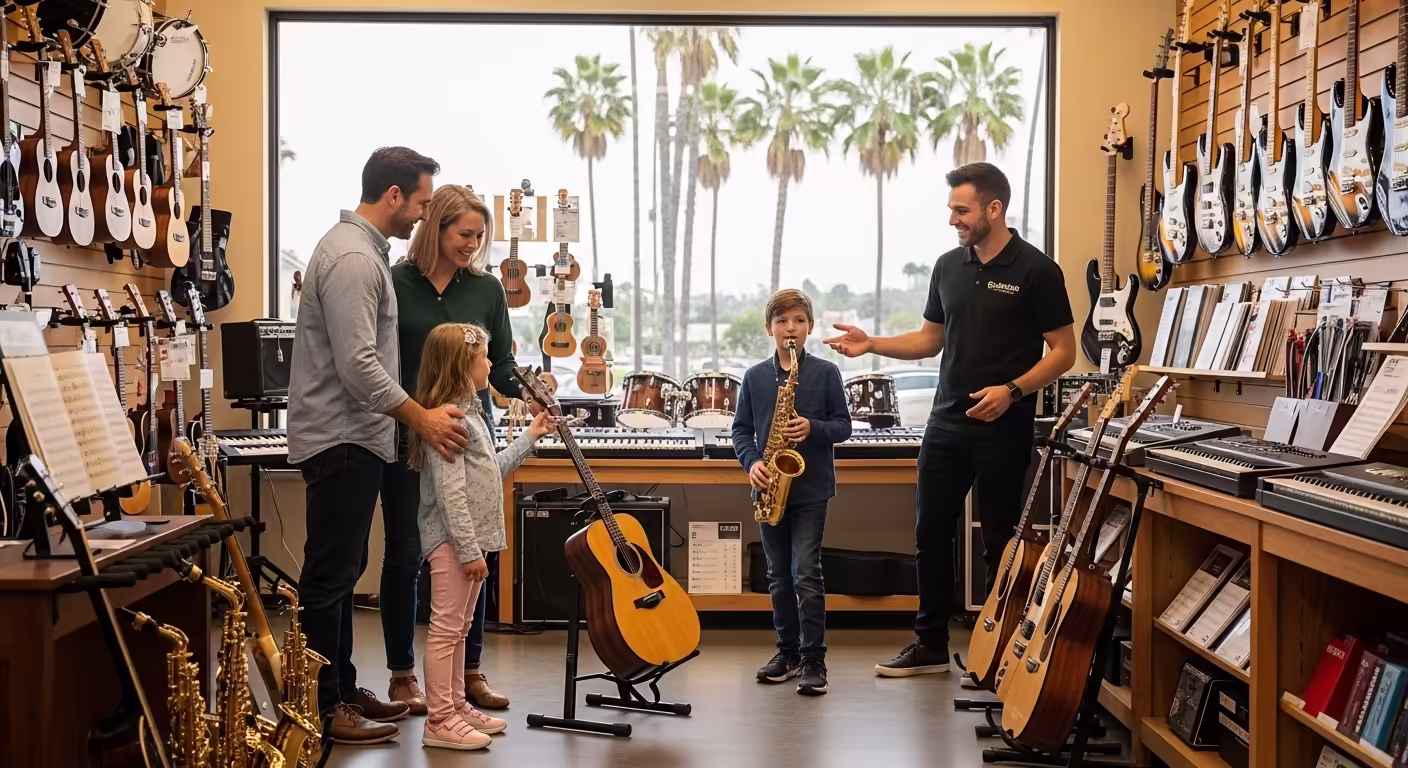 Parent and child choosing a first musical instrument at a music store in San Diego