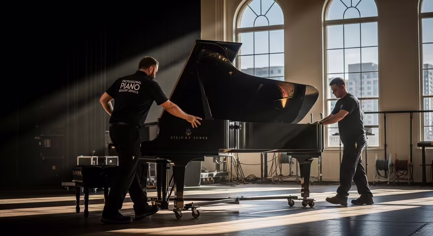 Professional moving service setting up a grand piano on stage