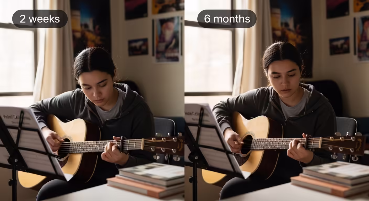 Side-by-side comparison showing guitar playing progress from 2 weeks to 6 months of lessons