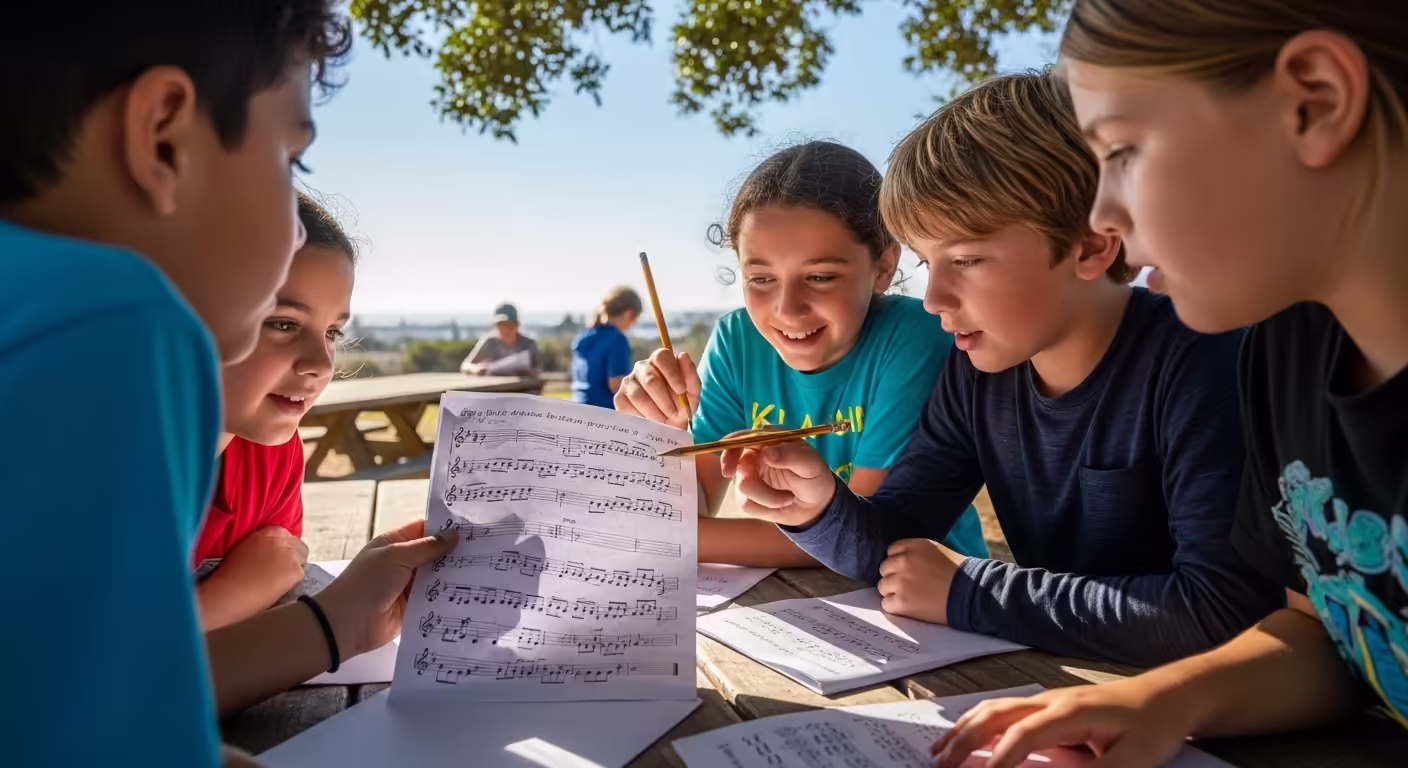 Kids smiling and collaborating over sheet music together at summer camp