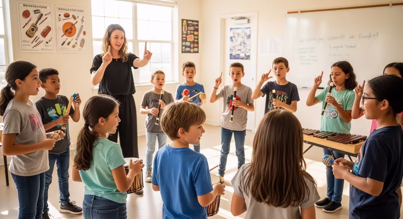 Kids participating in a group rhythm and ear training class at a summer camp