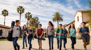 Students walking on campus with instrument cases during a San Diego summer music camp