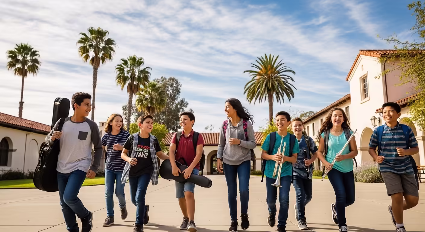 Students with instruments walking across a San Diego summer music camp campus in 2026