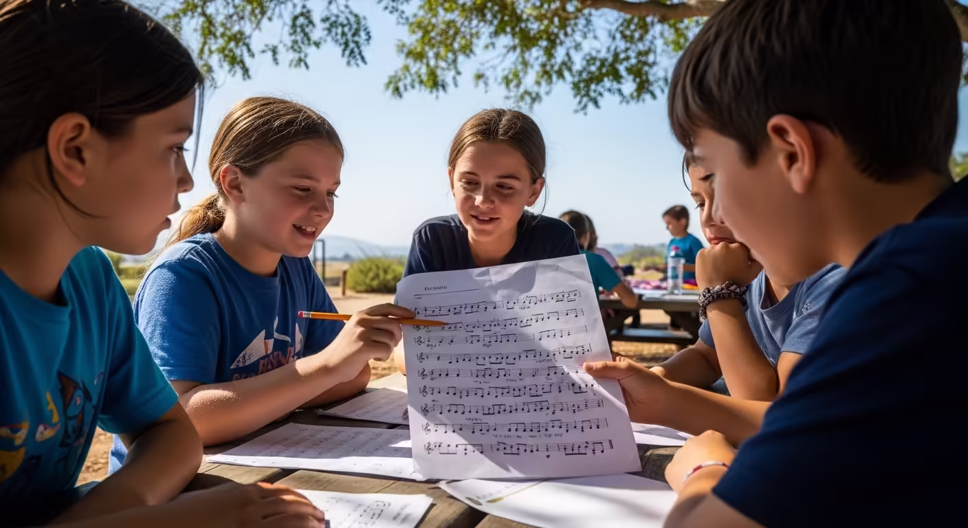 Kids studying sheet music outdoors in the beautiful San Diego weather