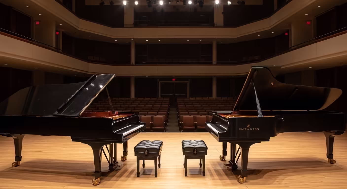 Two grand pianos set up on stage in a San Diego recital hall