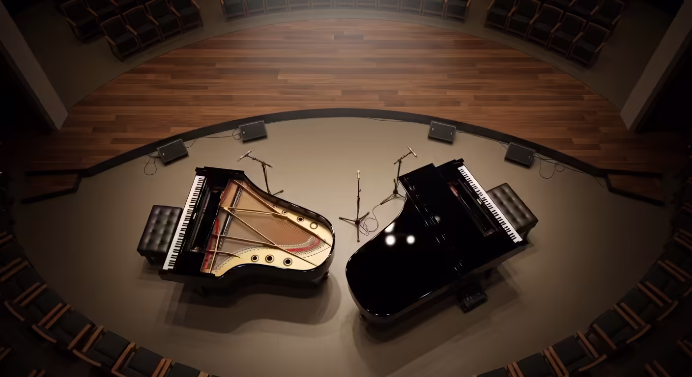 Overhead view of two grand pianos set up on a recital hall stage