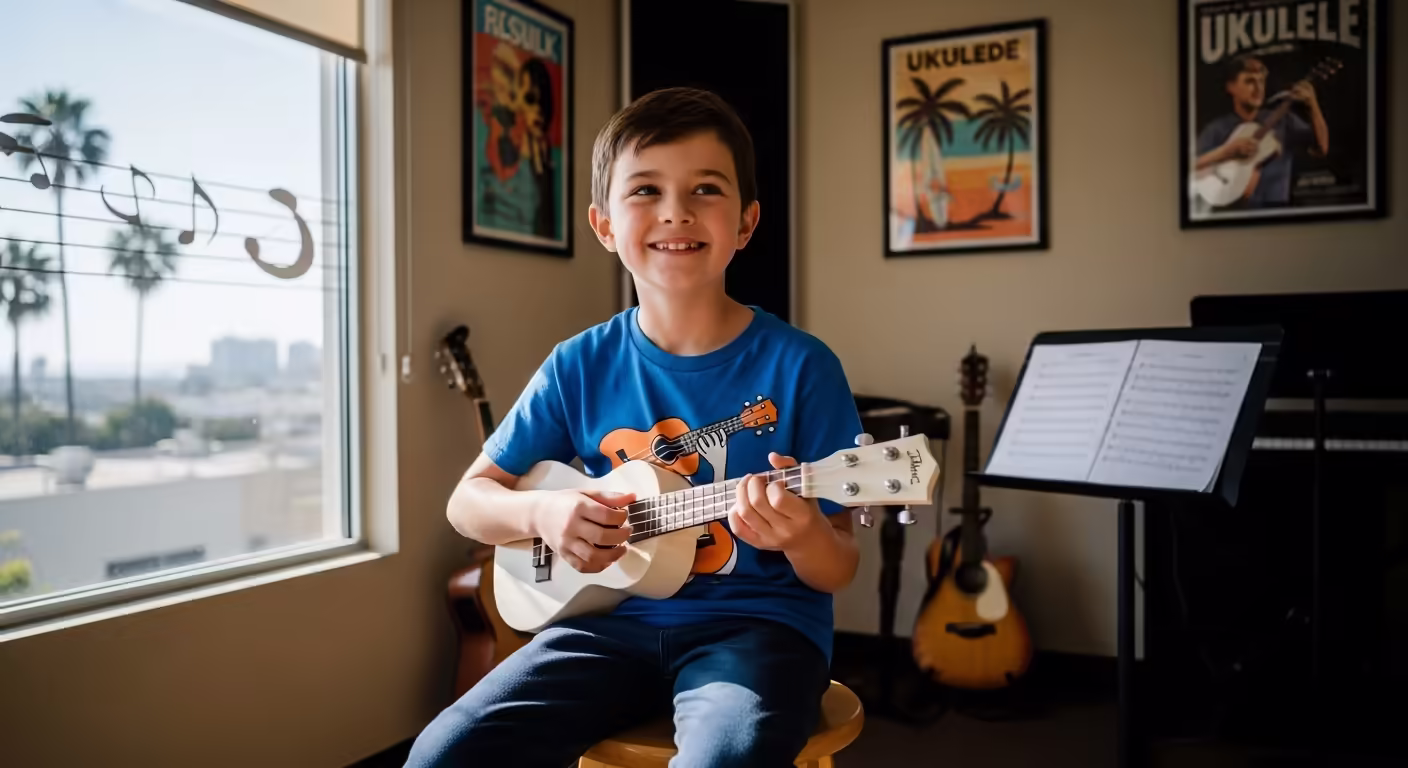 Young child taking beginner ukulele lessons in San Diego