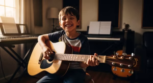 Smiling child holding an acoustic guitar during a beginner guitar lesson in San Diego