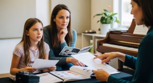 Parent and child meeting a music teacher to discuss voice lessons and enrollment options