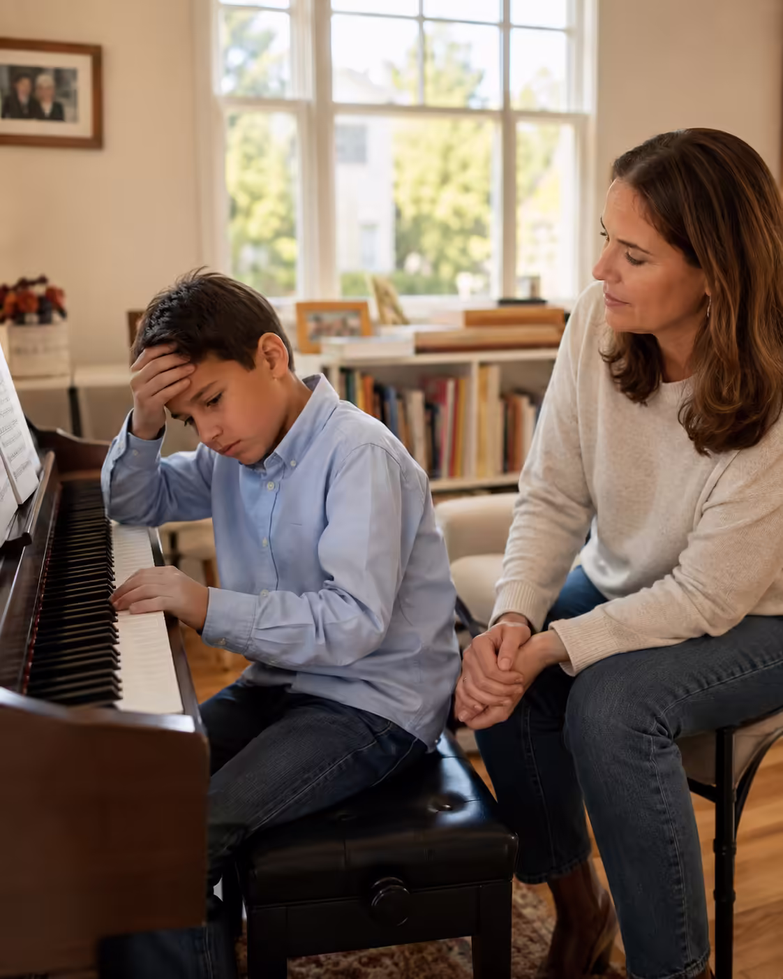 Child looking frustrated during piano practice