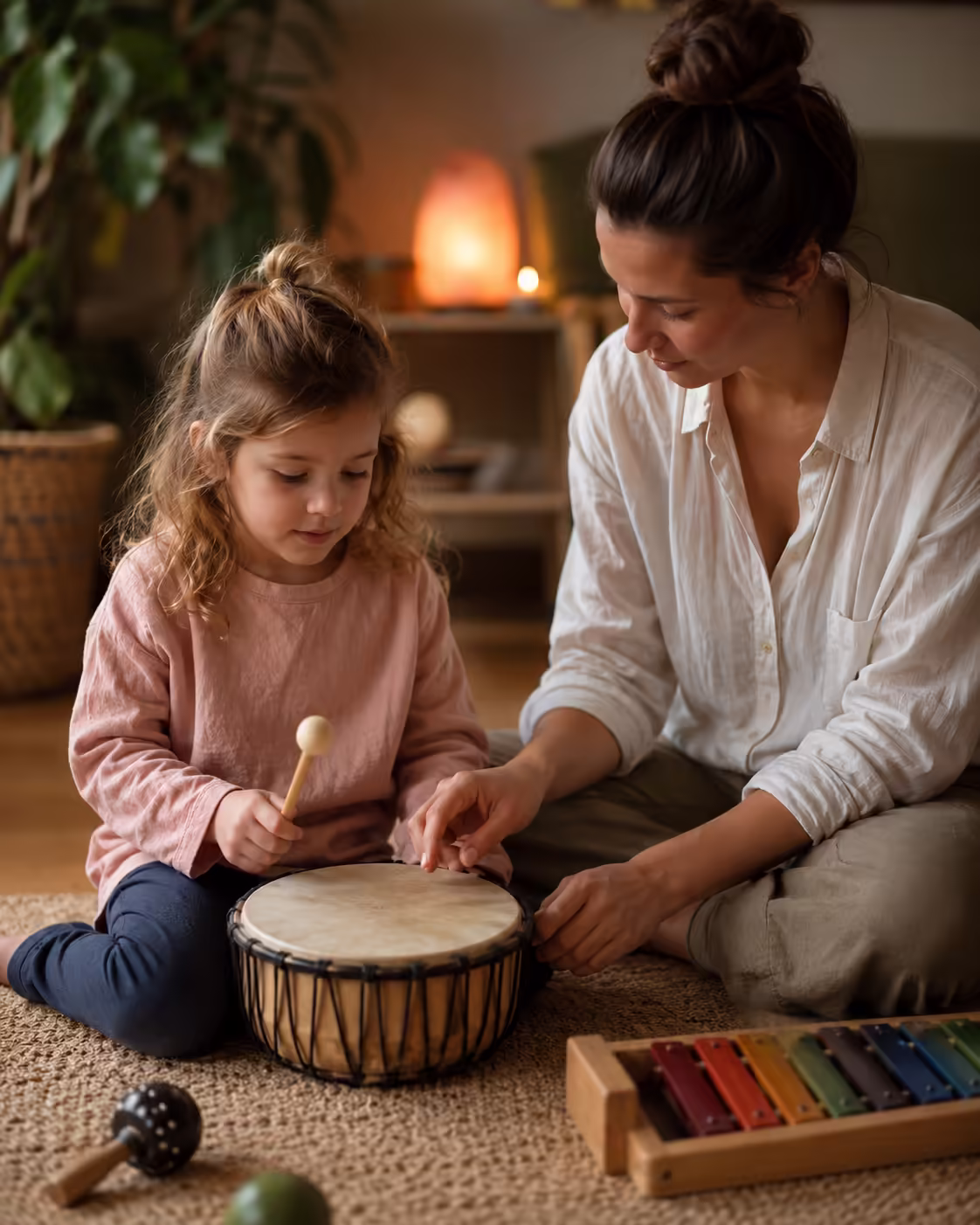 Child in a music therapy session with a parent and a drum