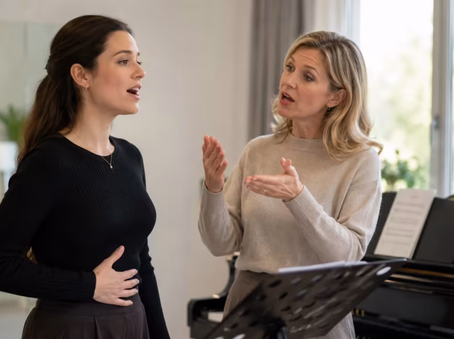 Adult student learning vocal technique during a private voice lesson in San Diego.
