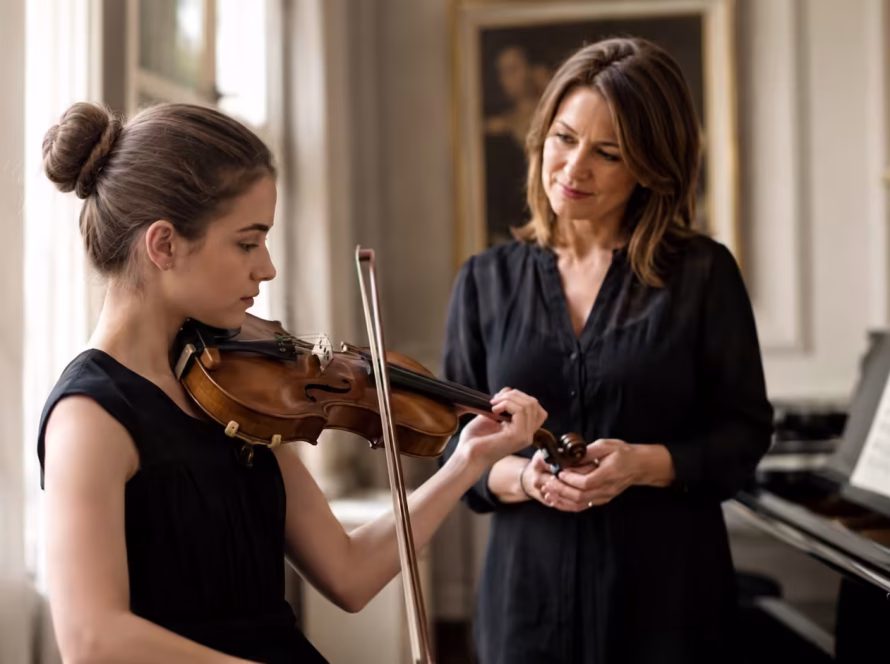 Advanced violin student performing while her teacher observes during a classical performance coaching session.