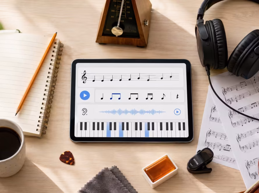 Music learning app on a tablet with headphones, sheet music, metronome, and violin on a practice desk.