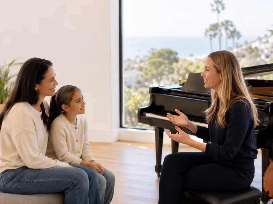 Parent and child meeting with a music teacher in a bright studio to discuss choosing the right music lessons.