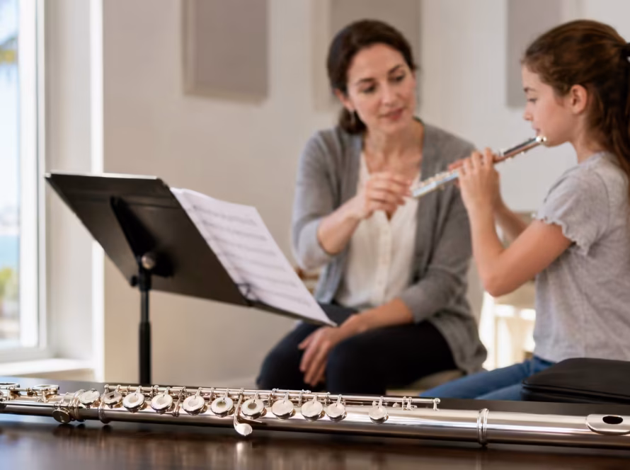 Young student taking a private flute lesson with a teacher at K&M Music School in San Diego.
