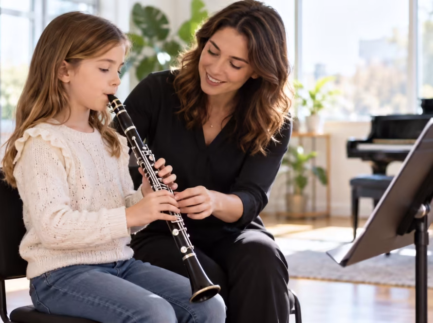 Young child learning clarinet with a teacher during a private lesson at K&M Music School in San Diego.